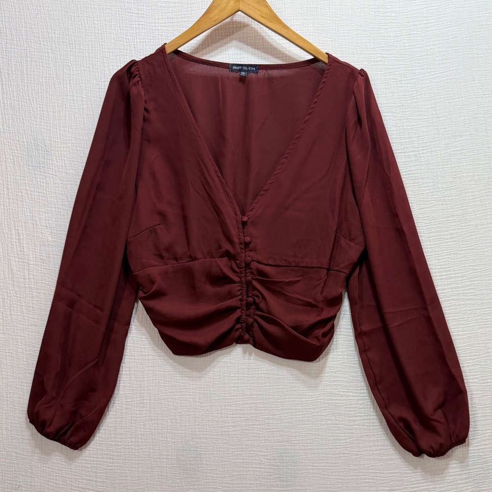 Heart and Hips Top Womens L Burgundy Button-Up Ruched Smocked Crop Romantic Boho